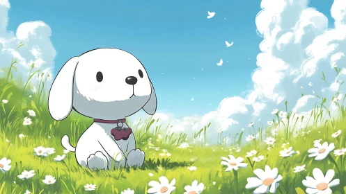 Daydreaming meadow pup under cloud-bright summer skies.