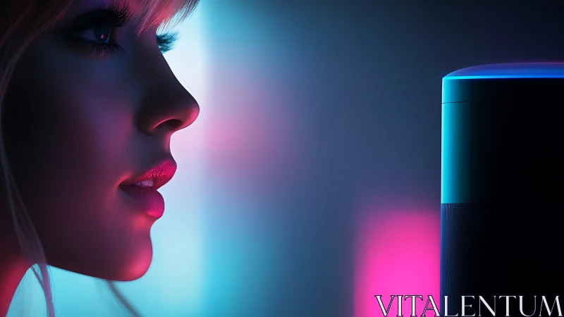 Soft neon whispers between woman and smart speaker glow.