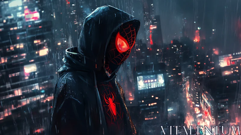 Hooded spider hero over neon city in heavy rain at night.