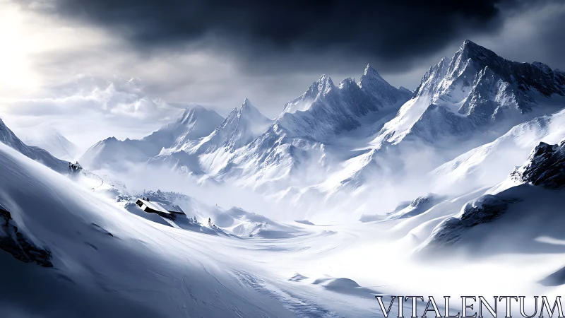 High-contrast alpine valley under storm-lit stratified cloud ceiling