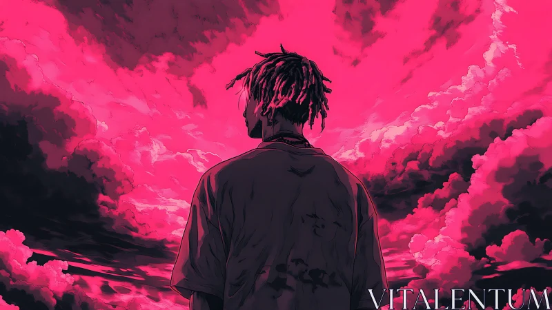 Silhouetted figure facing magenta cloud-filled sky at dusk.