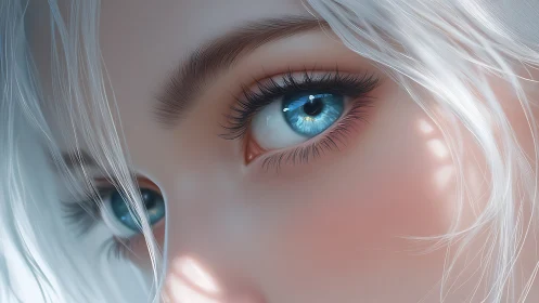 Soft silver hair frames luminous blue eyes in gentle light.
