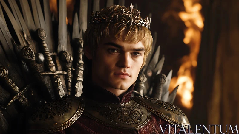 Young ironclad monarch studies power from a blazing throne