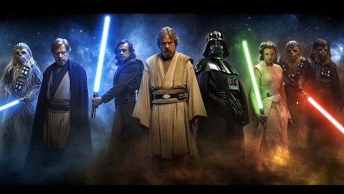 Photorealistic sci-fi character lineup in cinematic symmetry.