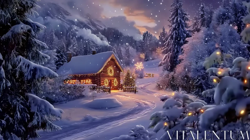 Snowy forest cabin glows with warm holiday lights at dusk