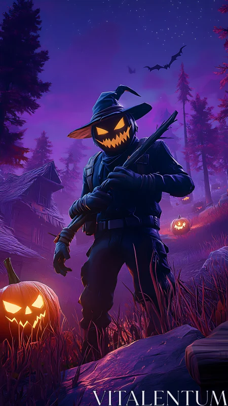 Pumpkin-headed scarecrow stalks a haunted forest at dusk
