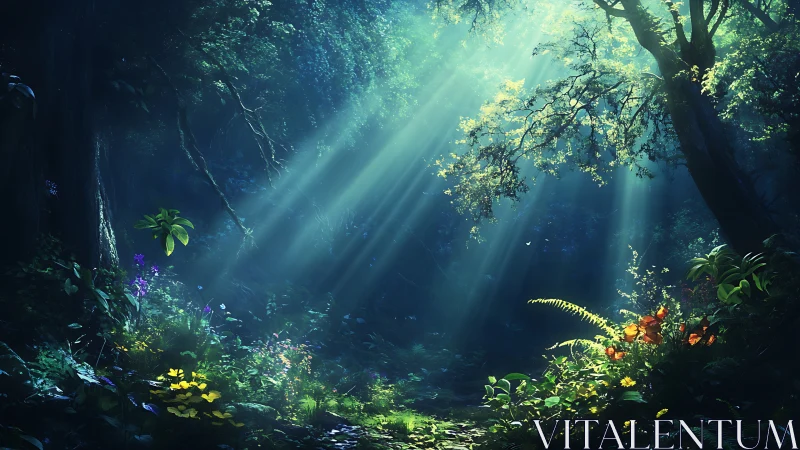 Enchanted forest floor illuminated by celestial rays through canopy.