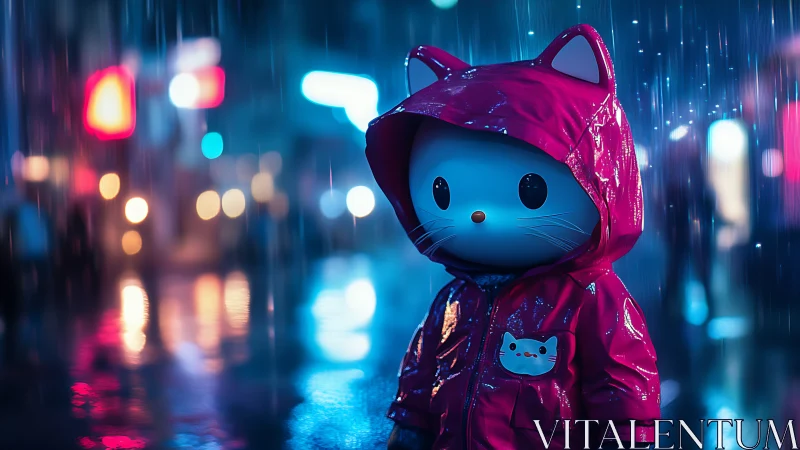 Cat-hooded character figure in neon-lit rainy city street.