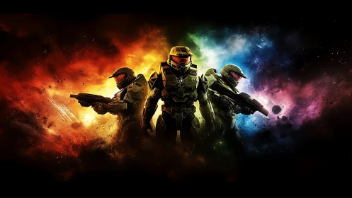 Triad of armored space warriors cleave through cosmic firestorm.