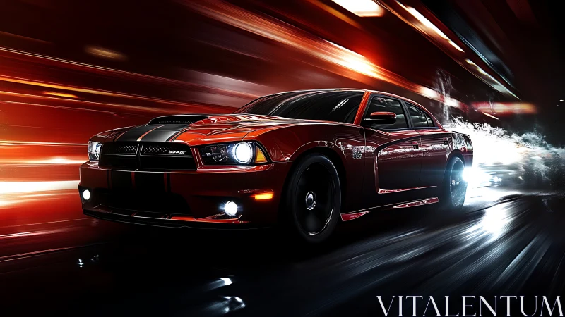 Scarlet muscle car tearing through neon night streets.