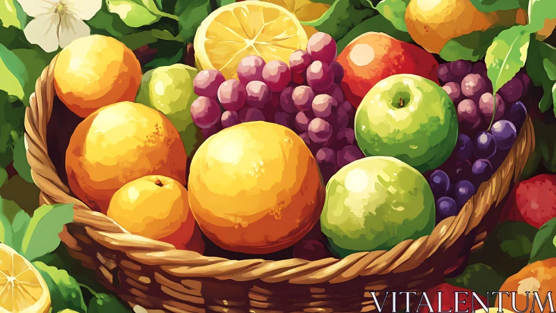 Orchard daydream: sunlit basket brimming with bold fruit.