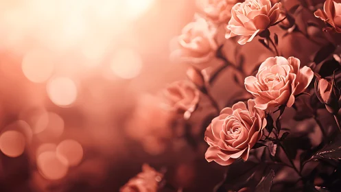 Coral roses bloom under warm golden light with soft bokeh.