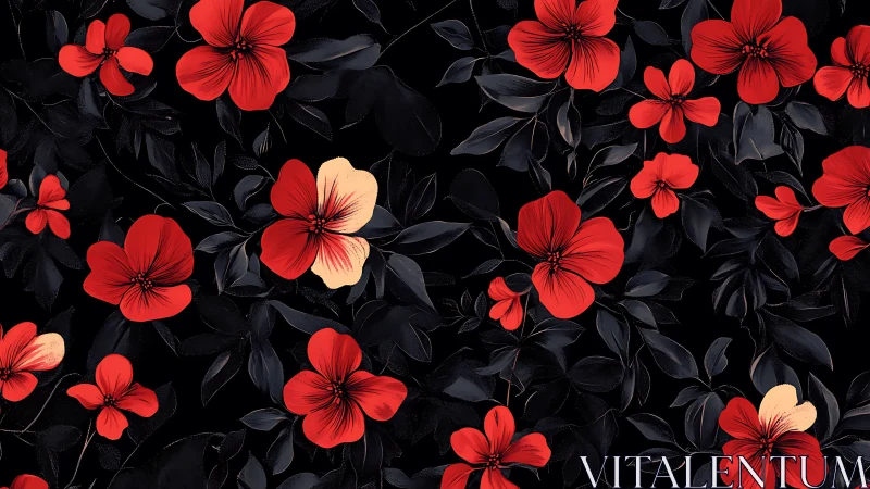 Chromatic Floral Composition with Vivid Red Petals Against Deep Black Foliage.