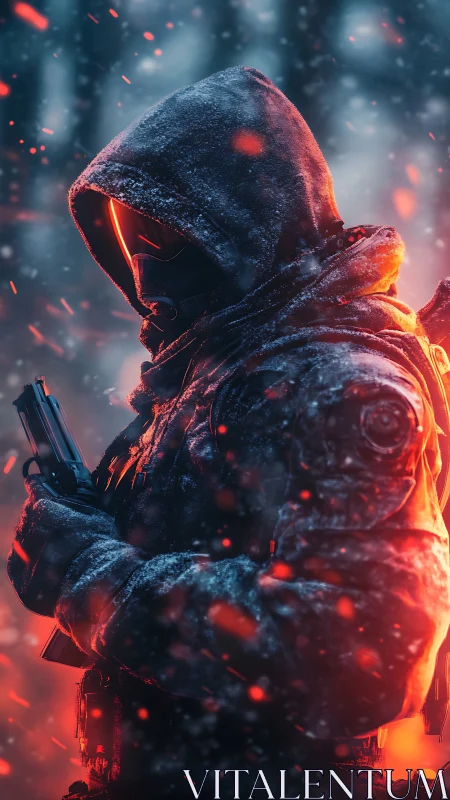 Hooded neon marksman melts winter silence with embered steel