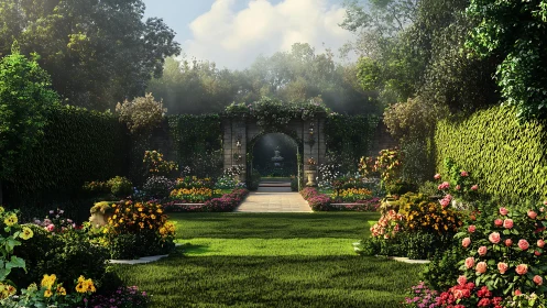 Formal walled garden with axial lawn and stone archway focus.