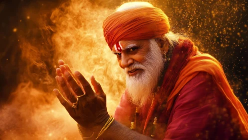 Golden mystic elder smiles warmly in swirling ember light