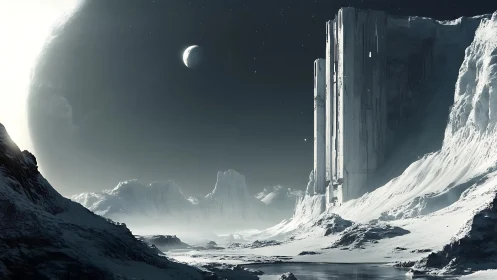 Monolithic ice citadel on frozen exomoon under dual planets