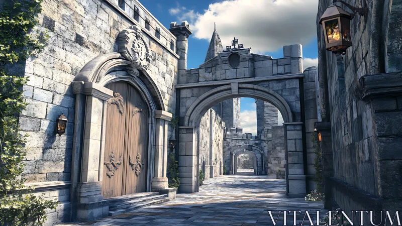 Sunlit stone corridor of a quiet, story-heavy citadel.