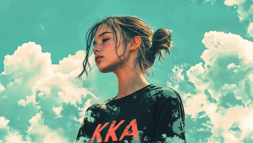 Girl stands against teal sky with stylized painted clouds