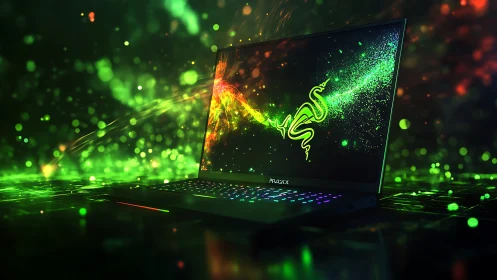 Glowing gaming laptop alive with vivid neon energy and color.