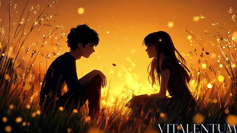 Two anime teens share a quiet golden moment at sunset