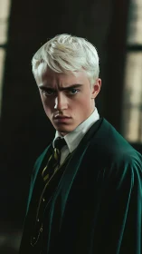 Blond student in green robe holds intense focused gaze.