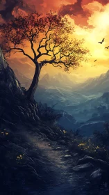 Solitary ridge tree above twilight valley under burning sky