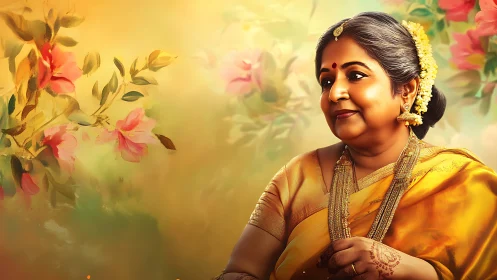 Elegant elderly woman in golden saree, floral painted background.