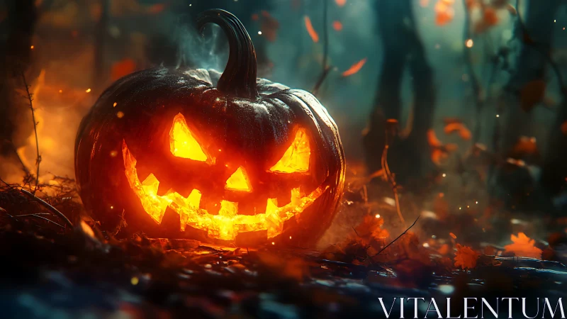 Glowing jack-o’-lantern grinning warmly in a misty forest.