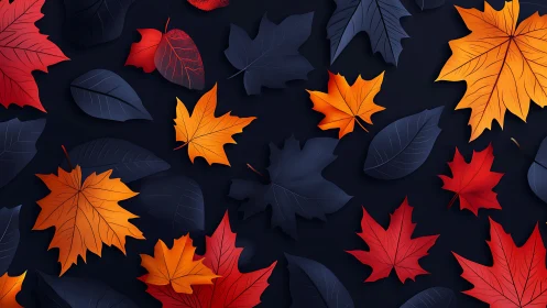 High-contrast digital maple foliage in red, orange, and navy