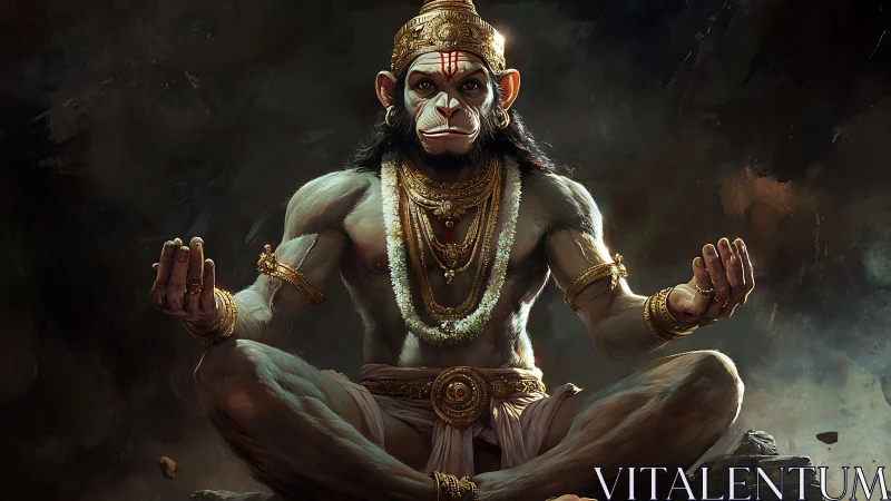 Meditating monkey warrior cloaked in stormlit divinity.