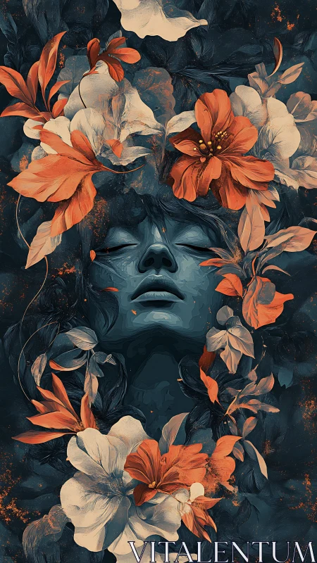 Digital painting portrait entwined with surreal botanical bloom.