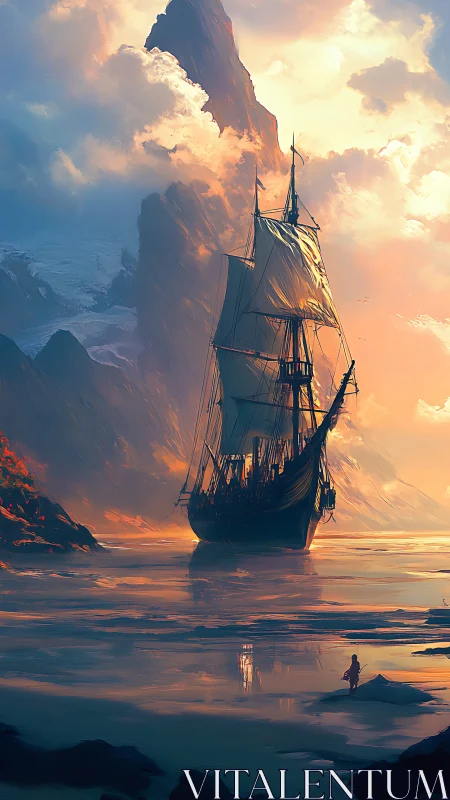 Sunlit tall ship approaches misty mountain shore at dusk