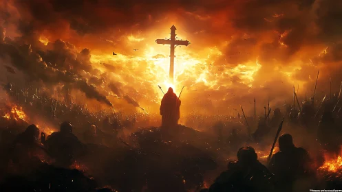 Silhouetted warrior below cross amid burning battlefield.