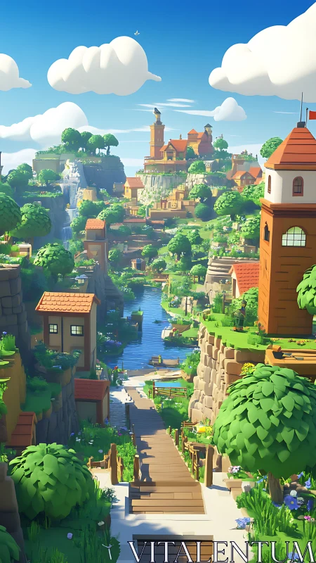 Fantasy Village Landscape with Medieval Architecture and Waterway