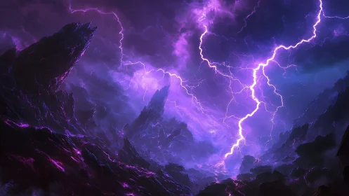 Purple lightning storm splits dark alien mountain landscape