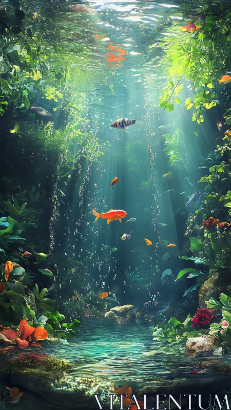 Sunlit underwater garden shimmers with colorful tropical fish