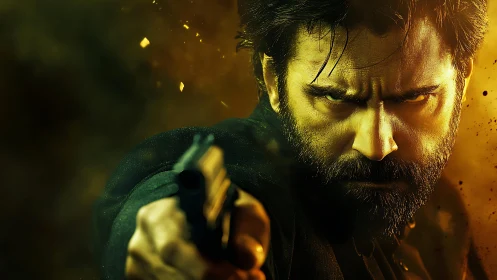 Cinematic close up action portrait with weapon focus framing.