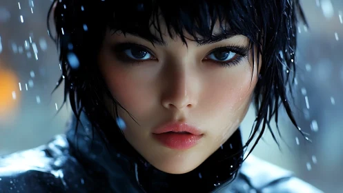 Close frontal portrait of wet short haired woman in rain.