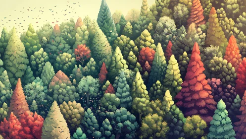 Chromatic Forest Chorus: Painted Trees in Autumnal Symphony.