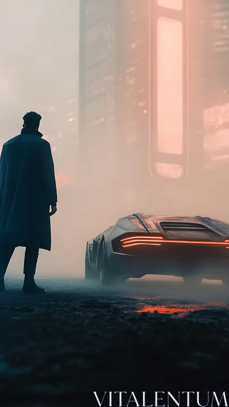 Lone figure confronts neon-lit supercar in misty future street