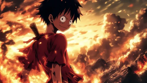 Fiery anime hero stands defiant over blazing wasteland