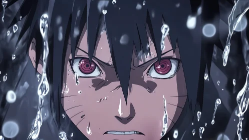 Storm-lit gaze carves fury through cascading silver rain