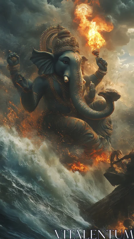 Mythic elephant‑headed deity amid stormfire and oceanic surge.