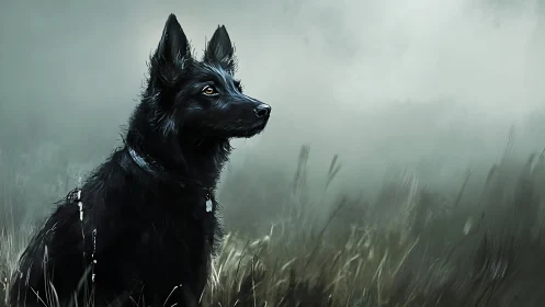 Black shepherd dog in misty field digital painting.