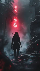 Warrior silhouette under crimson rift in frozen forest.