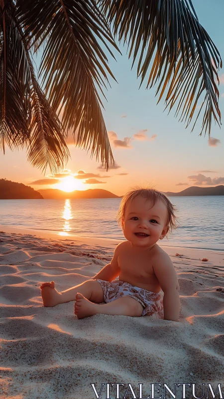 Smiling baby plays in warm tropical beach sunset light.