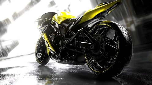 Yellow superbike on wet asphalt under dramatic backlight.