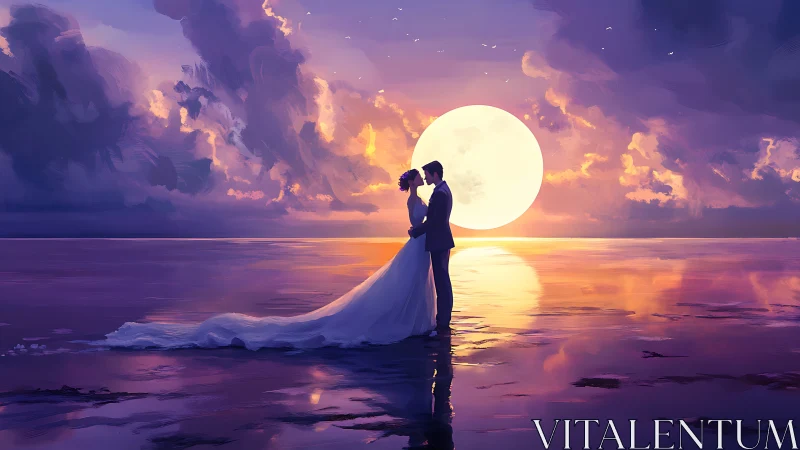 Bride and Groom Silhouetted Against Luminous Sunset Over Ocean.
