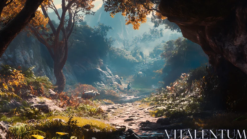 Cave opening with valley landscape, autumn foliage visible.